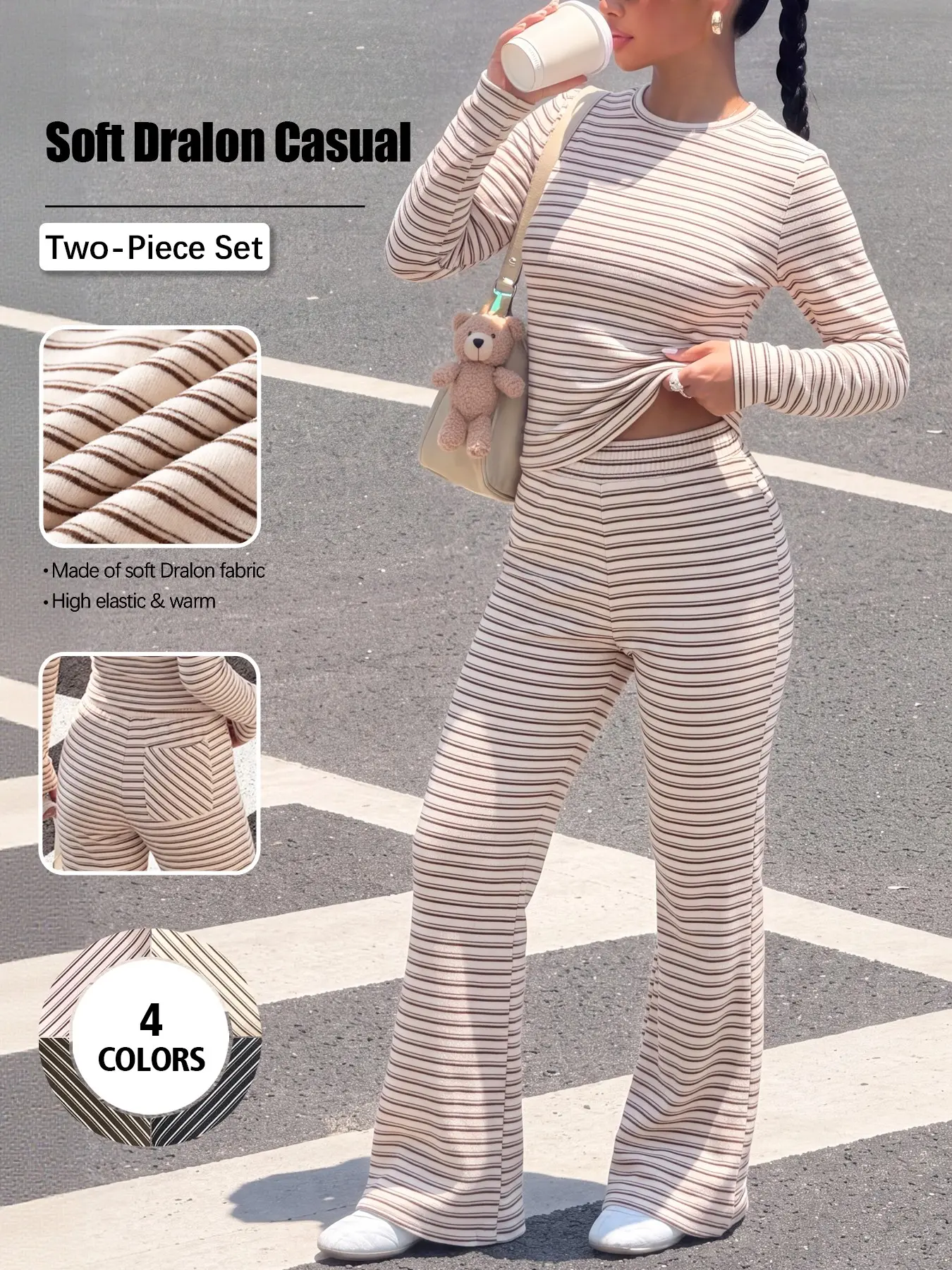 2 Piece Women Striped Casual Athletic Set Crew Neck Long Sleeve Crop Top High Waist Flare Pants with Side Pockets Soft Dralon Loungewear for Daily Errands Brunch Coffee Dates