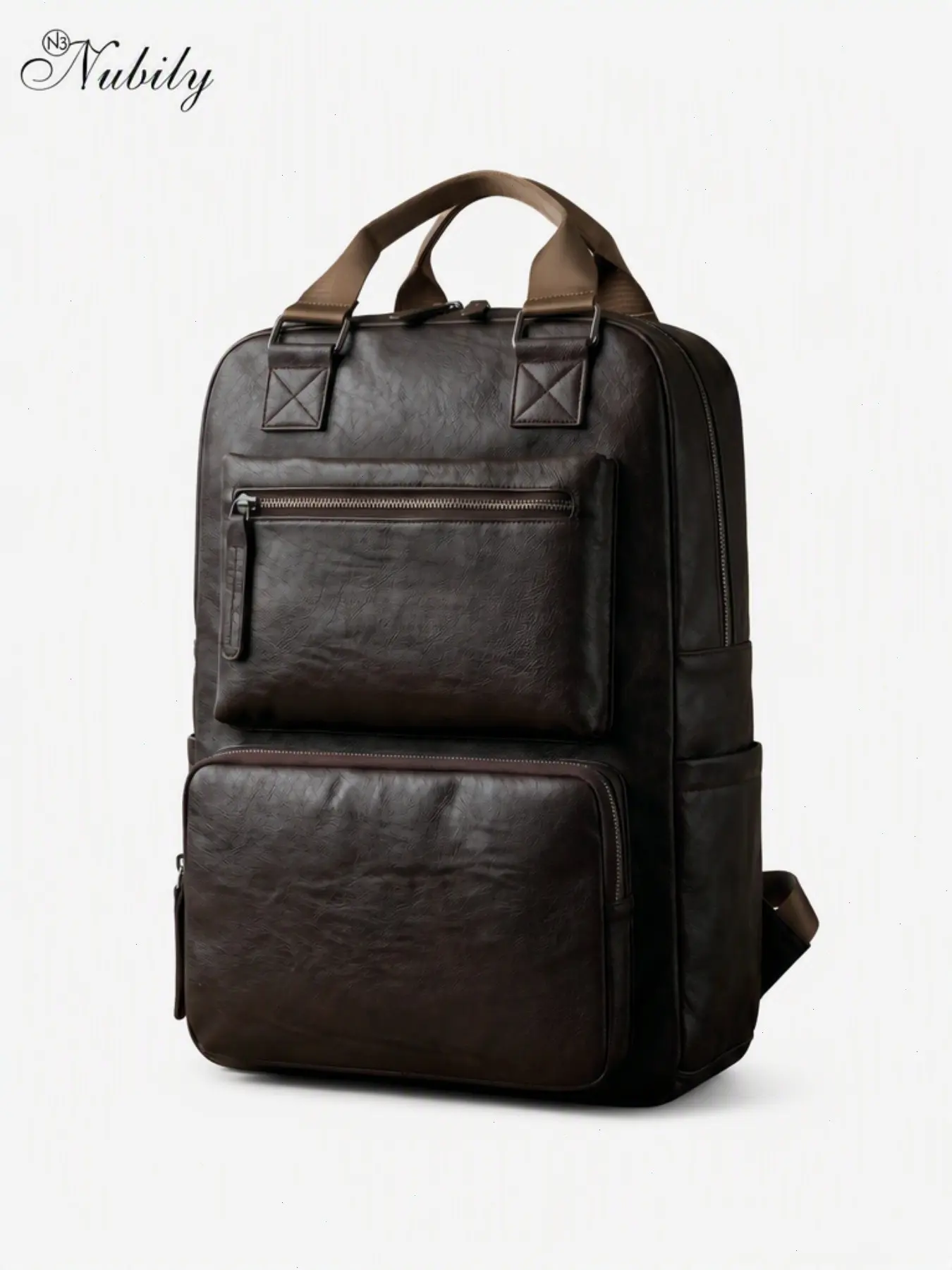 Men PU Leather Laptop Backpack, Water Resistant Business Work Backpack, Vintage Leather Computer Backpack, Multi-Pocket Travel Daypack