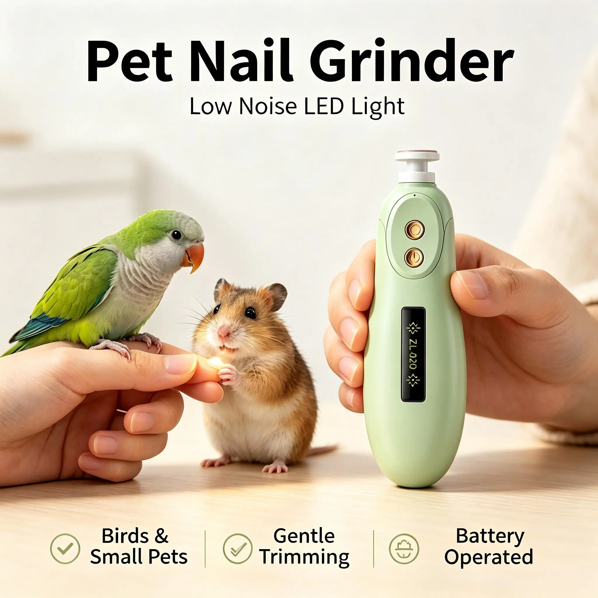 Quiet LED Pet Nail Grinder for Small Animals, Battery Operated Electric Bird Nail Trimmer with 6 Replacement Heads, Low-Vibration Stress-Free Grooming Tool for Parrot, Hamster, Guinea Pig, Rabbit, Hidden Storage Design