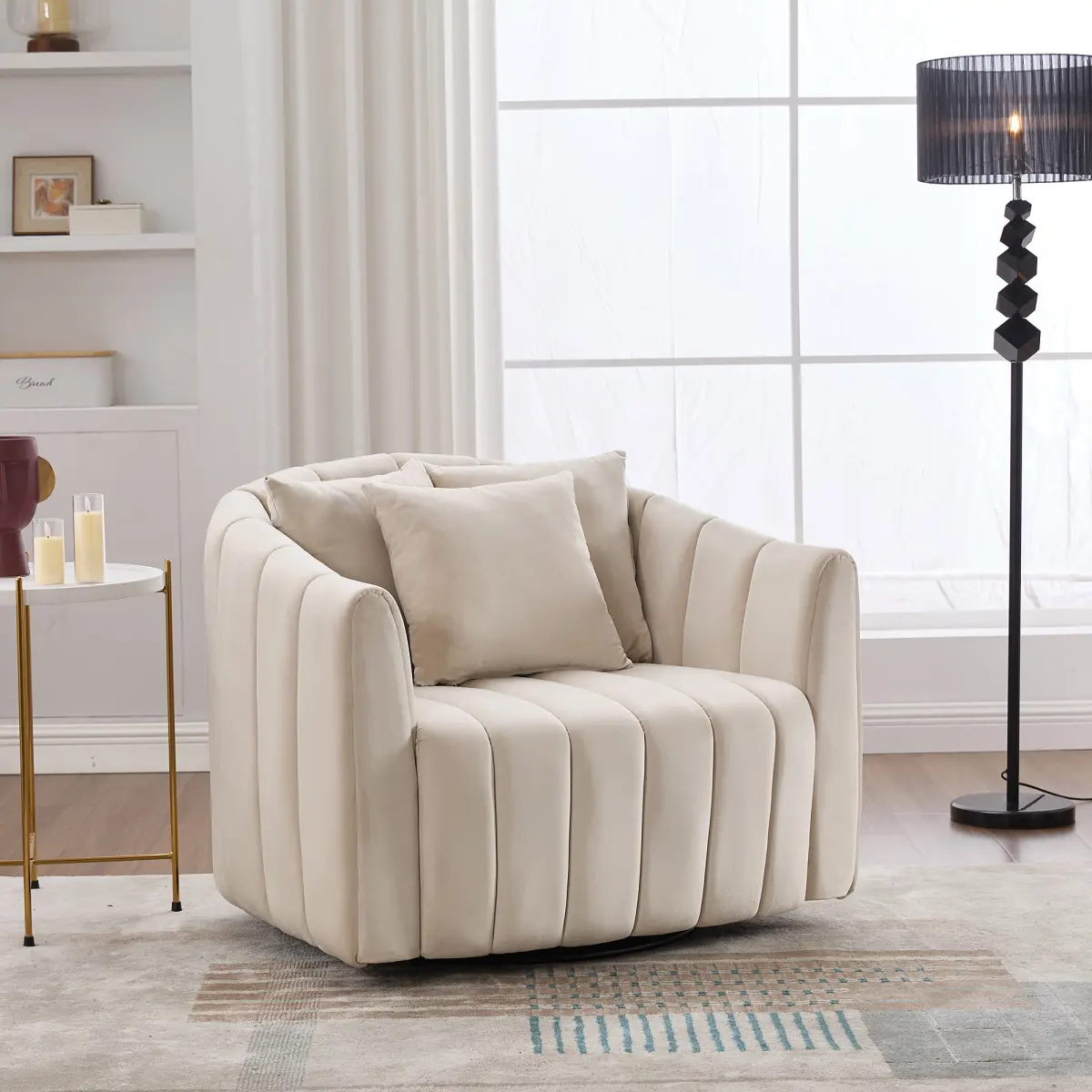 Velvet Single Seater Swivel Chair and Half - 39"W Oversized 360° Swivel Bucket Armchair, Channel Tufted Pumpkin Shape, Breathable Wide Seat Cushion, Armrest, 3 Pillows, 350 lbs Capacity, Durable Easy-to-Clean, Assembly Required for Living Room Adults, Swi