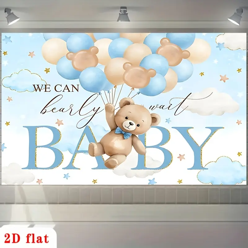 Cute Bear Balloon Birthday 2D Flat Banner, Single-Sided Polyester Backdrop with Metal Grommets, Teddy Bear Party Decoration, Kids Birthday Photo Booth Background