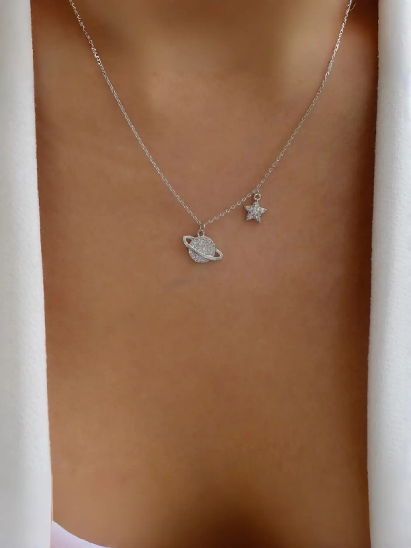 Luxury Rhinestone Planet Star Necklace, Unique Design Saturn Collar Chain, Versatile Daily Accessory, Gift for Girlfriend Best Friend Birthday, Elegant Rhinestone Necklace