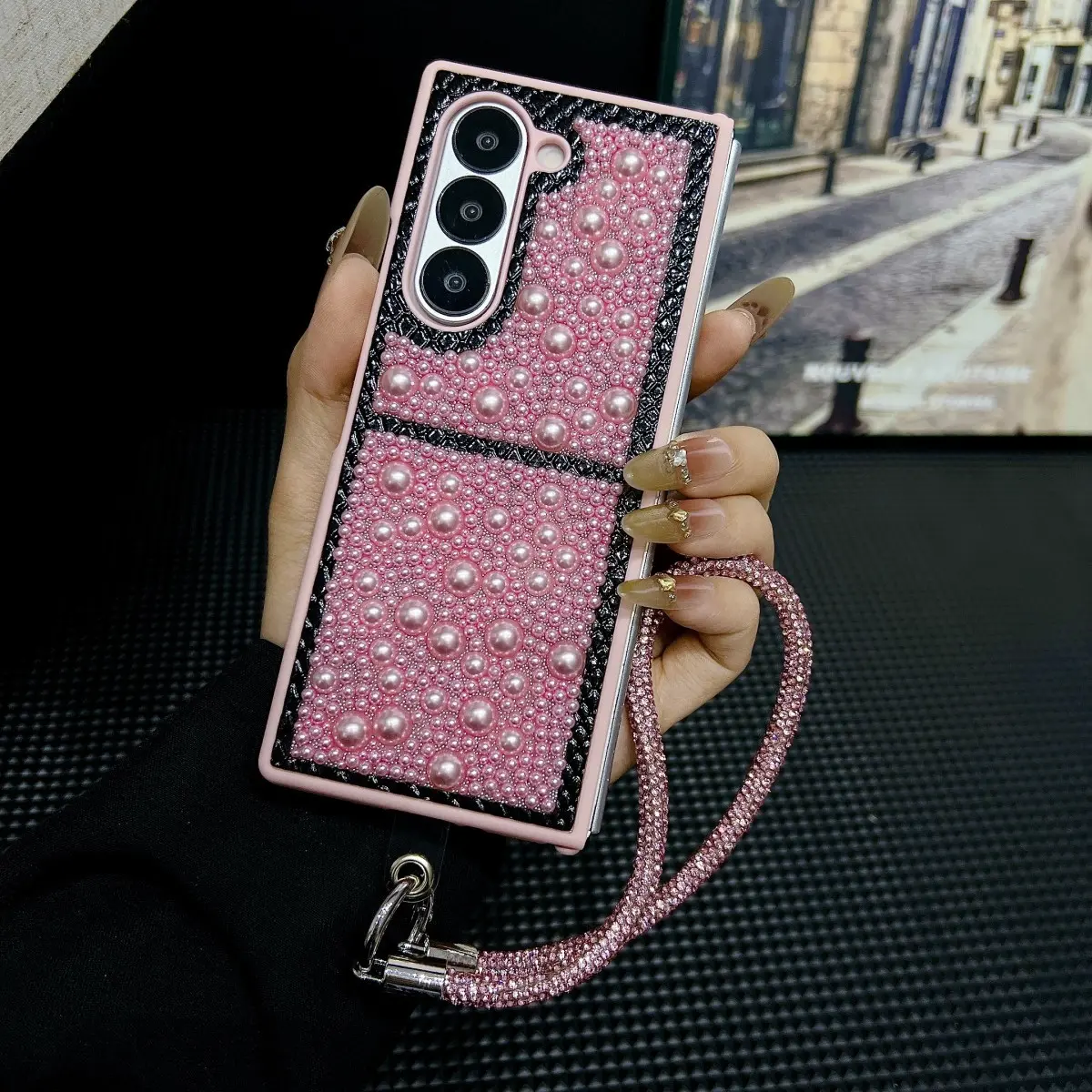 Pearl Waterdrop Phone Case for Samsung Galaxy Z Fold7 Z Fold6 Z Fold5 Z Fold3 Z Fold4, Luxury Fashion Women's Phone Case with Bracelet, Accessories