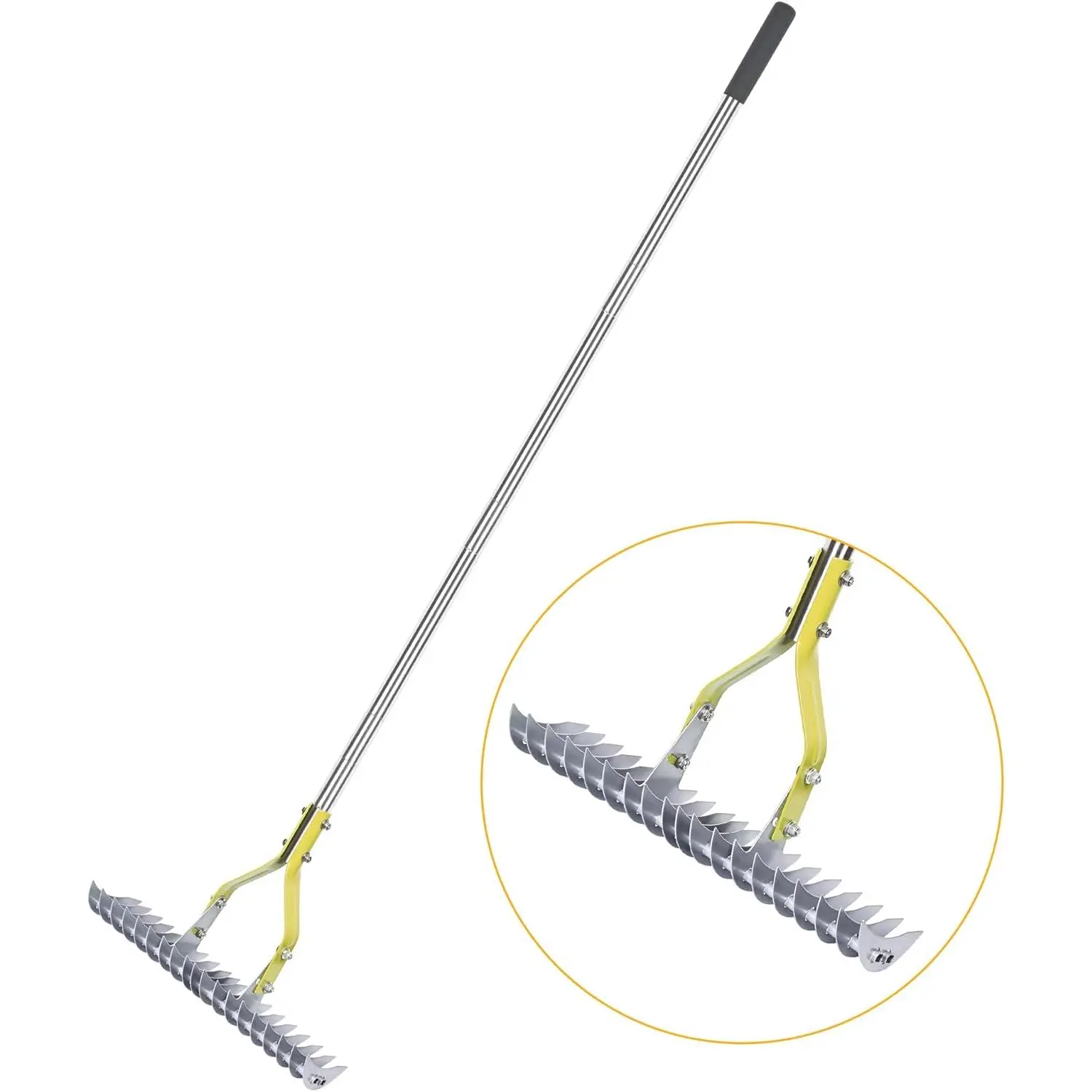 Thatch Rake Dethatcher - 15-Inch Wide Lawn Rake for Dead Grass Removal, Stainless Steel Adjustable Handle Garden Rake for Soil Loosening, Aeration & Thatching, 58.5-Inch Length