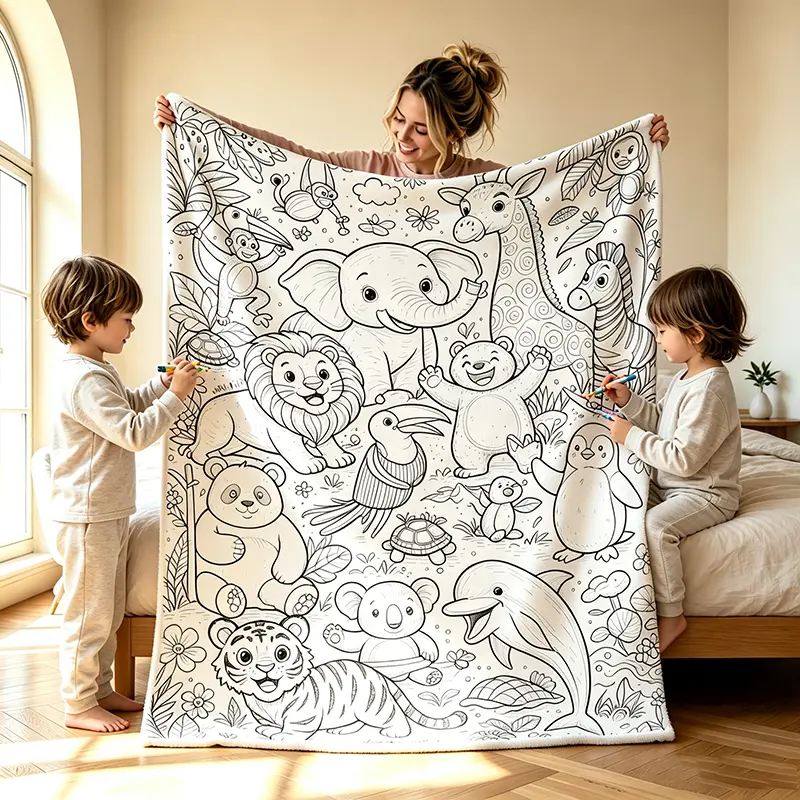 Custom Coloring Sherpa Blanket, Jungle Wild Animal Line Art Doodle Throw Blanket, DIY Colorable Black White Elephant Tiger Panda Lion Print Blanket, Soft Flannel Creative Craft Gift For Kids Bedroom Decor