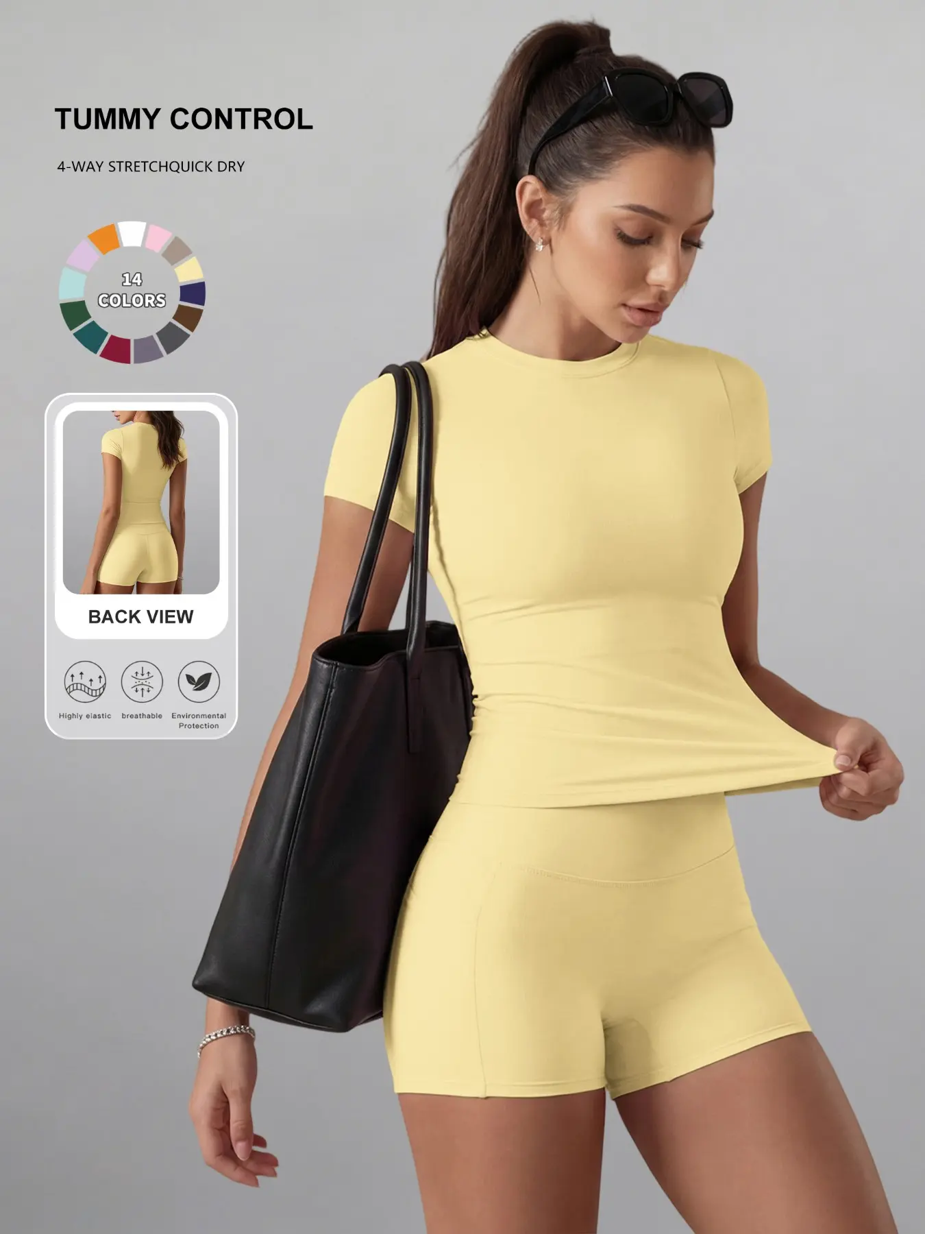 Women's Plain Suit, Round Neck T-Shirt Top, High Waist Short Pants, Yoga Sports Set, Abdominal Control, Multi-Color Options, Gym Shorts Set