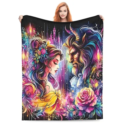 B23-DISNEY CLASSIC [2026- #001 -New] Beauty and the Beast Flannel Throw Blanket,Belle & Beast Romantic Neon Watercolor Art Glowing Castle Roses Lamp Posts Sparkles Cozy Blanket for Gift