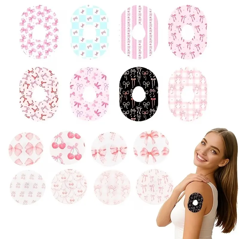 16-Piece Sensor Protection Patches, Pre-Cut Bow Cherry Pattern, Elastic Fabric, Fit Compatible with Libre 3/g7 Continuous Glucose Monitor