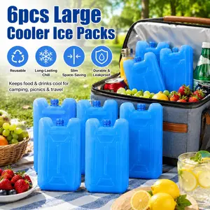 6PCS Large Reusable Cooler Ice Packs, Slim Space-Saving Freezer Packs with Sealed Leak-Resistant Design, Long Lasting Cold Packs, Freezer Packs for Cooler Bags, Lunch Boxes, Bento, Food, Drinks, Refrigerator, Beach, Camping, Picnic and Cold Transport