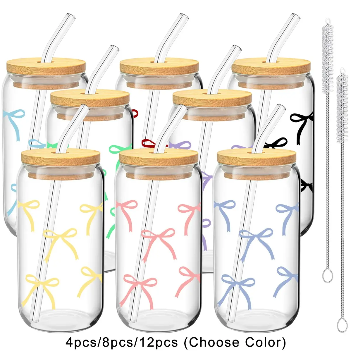 4/8/12 Pack Bow Pattern Glass Cup with Lid, Includes Glass Straw and Straw Brush, 16oz/480ML Iced Coffee and Beverage Cup