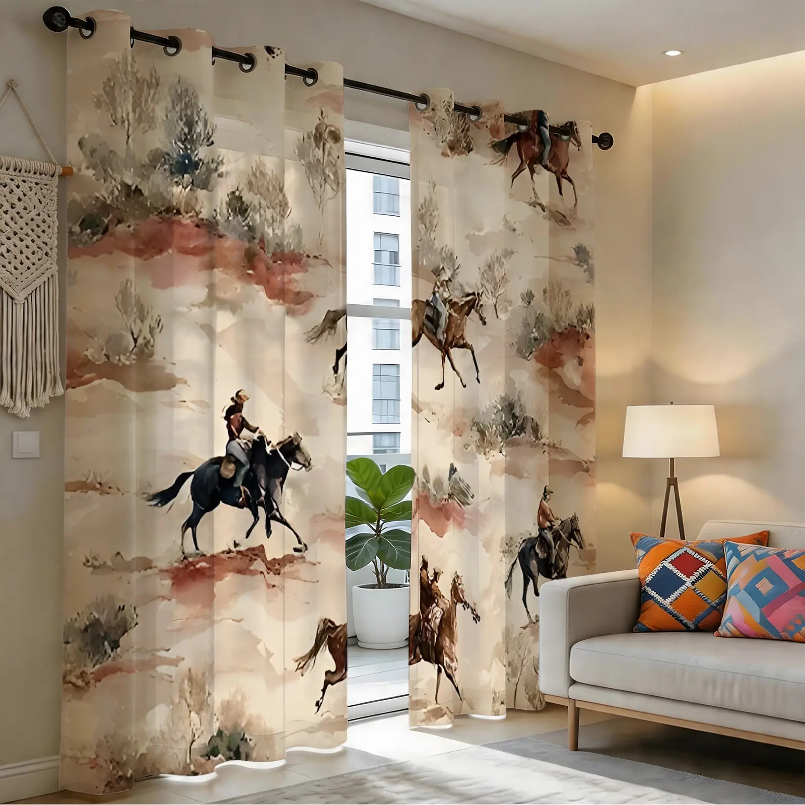 2 Panels Western Cowboy Watercolor Printed Curtains, Light Darkening Curtains, Vintage Country POD Digital Decoration Curtains, Window Drapes for Living Room Bedroom Farmhouse Home Decor, Rustic Horse Print Home Window Decoration, Ready Made Curtains