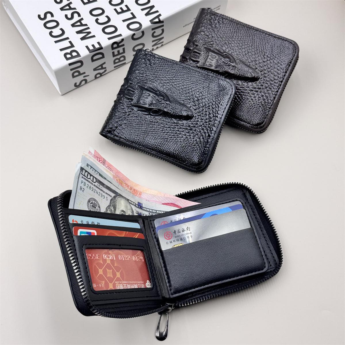 Men's Short Crocodile Zip Wallet PU Leather Bifold with Multiple Card Slots Large Capacity Coin Purse & Cash Organizer for Everyday Carry