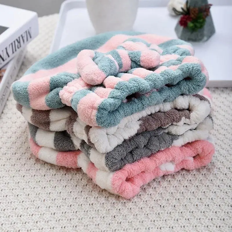 Women's Striped Fleece Hair Towel Cap - Water Absorbent Dual-Use Bath Accessory, Hair Towel Hat Headband & Sleep Cap Headband for Drying Needs, Hair Towel Hat Headbands