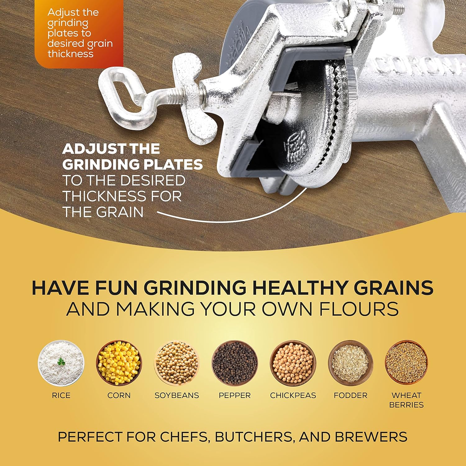 Corona Corn  with Low Hopper, Grain Mill, Manual  For Corn, Rice, Soybeans, Pepper, Chickpeas, Cast Iron Wheat  For Domestic Use