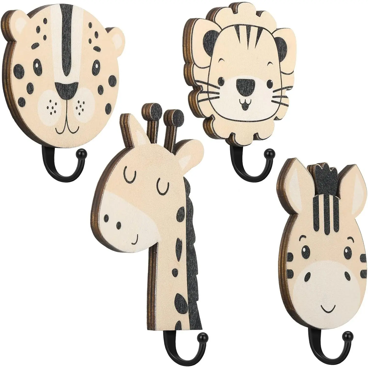 4 Pcs Safari Animal Wall Hooks for Kids, Wooden Jungle Baby Safari Nursery Decor Hooks, Cute Lion Zebra Giraffe Hanger for Childs Nursery Bathroom Bedroom Home Decor