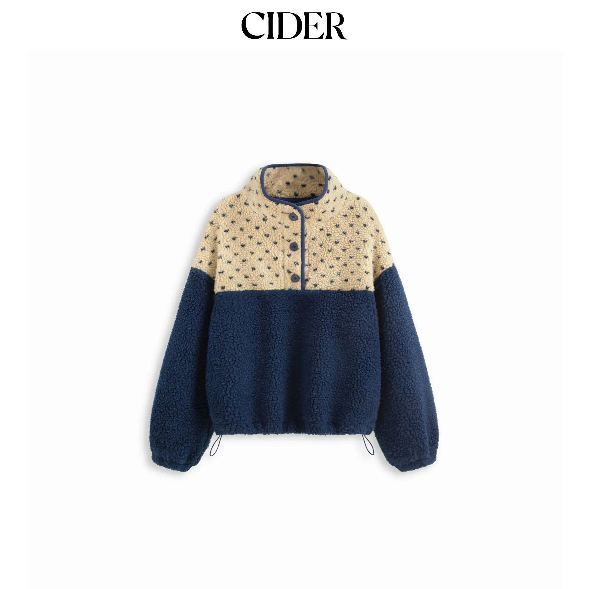 Cider Fleece Stand Collar Two Tone Patchy Drawstring Oversized Sweatshirt SohoChic