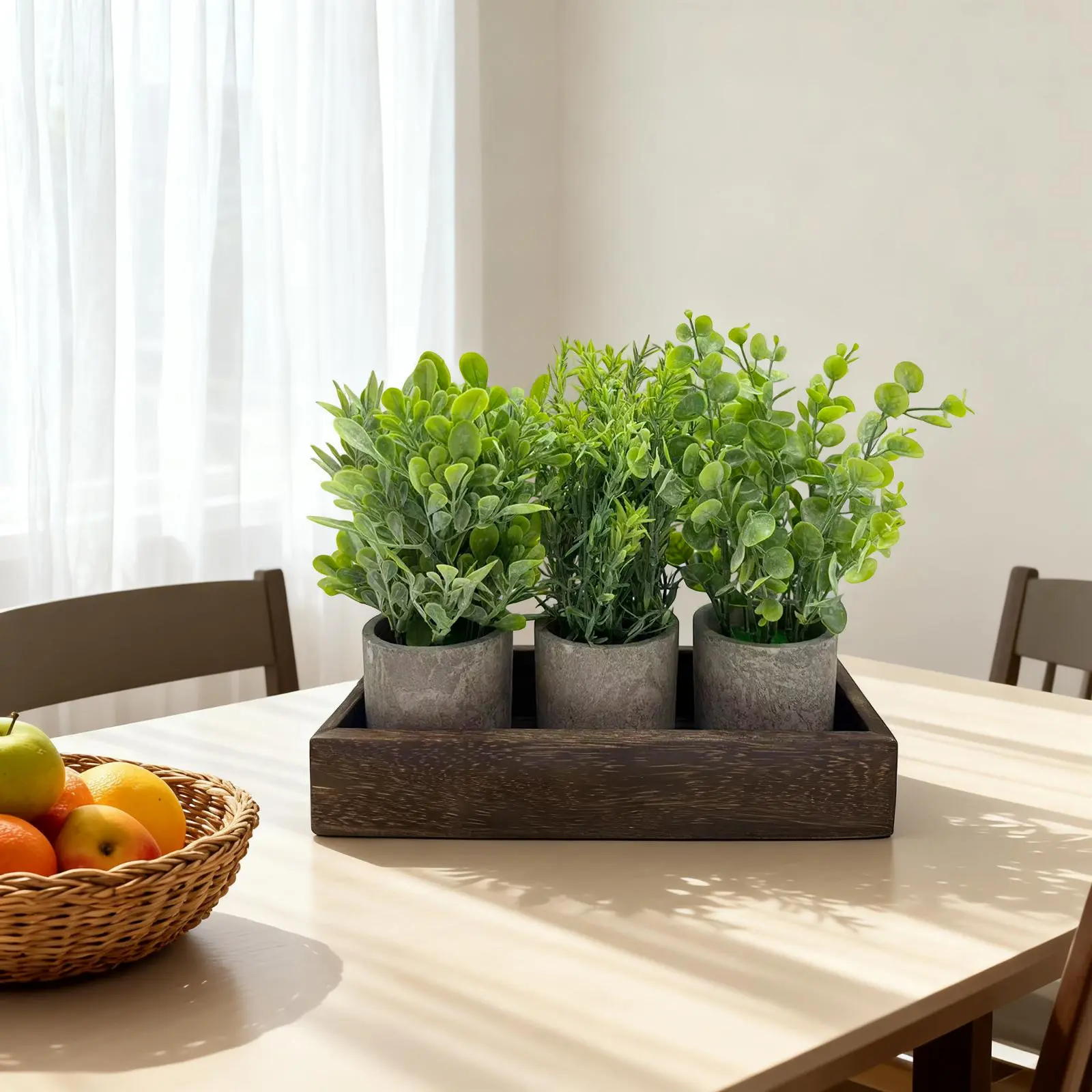 Set of 3 Artificial Eucalyptus Potted Plants, Fake Greenery Plants in Pots with Wooden Tray, Small Farmhouse Table Centerpiece Decor for Home Office Desk