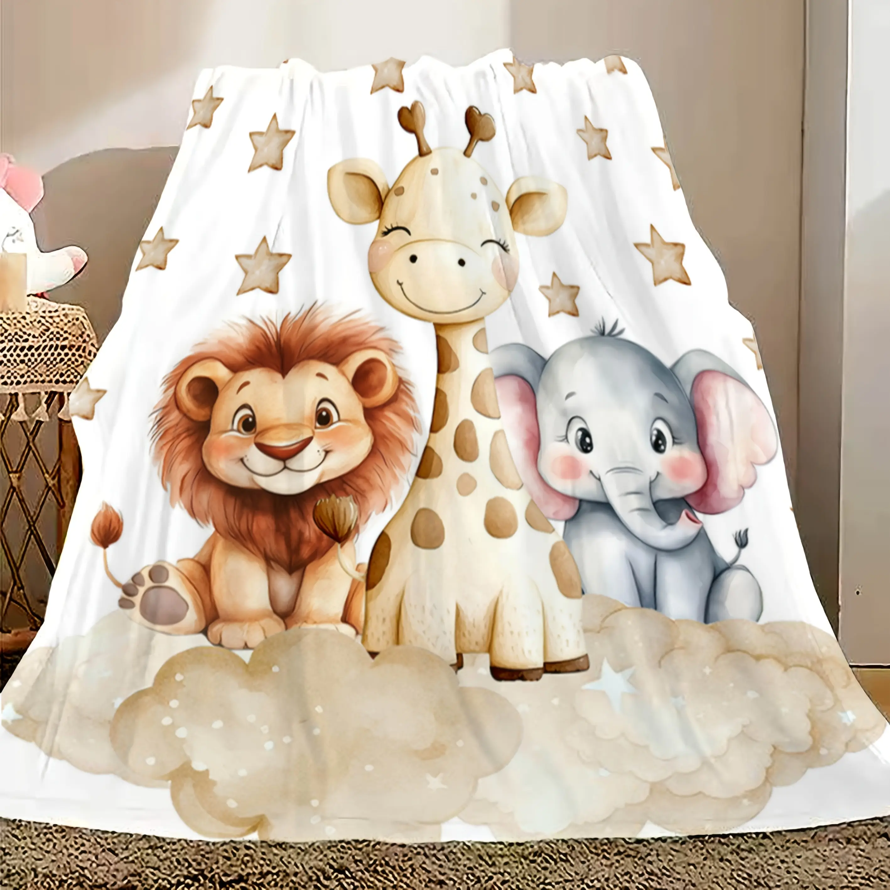 1pc 280GSM Retro Digital-Printed Flannel Fabric Blanket - Animal Motifs (Giraffe,Lion,Elephant), Cloud & Star Patterns, Soft,Comfortable,Durable,Wrinkle Resistant,Anti-Tear,Fade-Resistant,Machine Washable,1-Piece Christmas Children’s Gift for Kids,Sofas