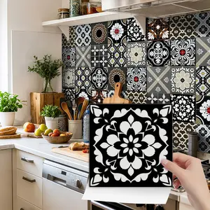 24PCS NHZ Vintage Black & White Moroccan Tile Stickers, Glossy PVC Crystal Film Self Adhesive Wall Decals, Waterproof Oilproof, Removable No Residue for Kitchen Bathroom Bedroom Home Decoration