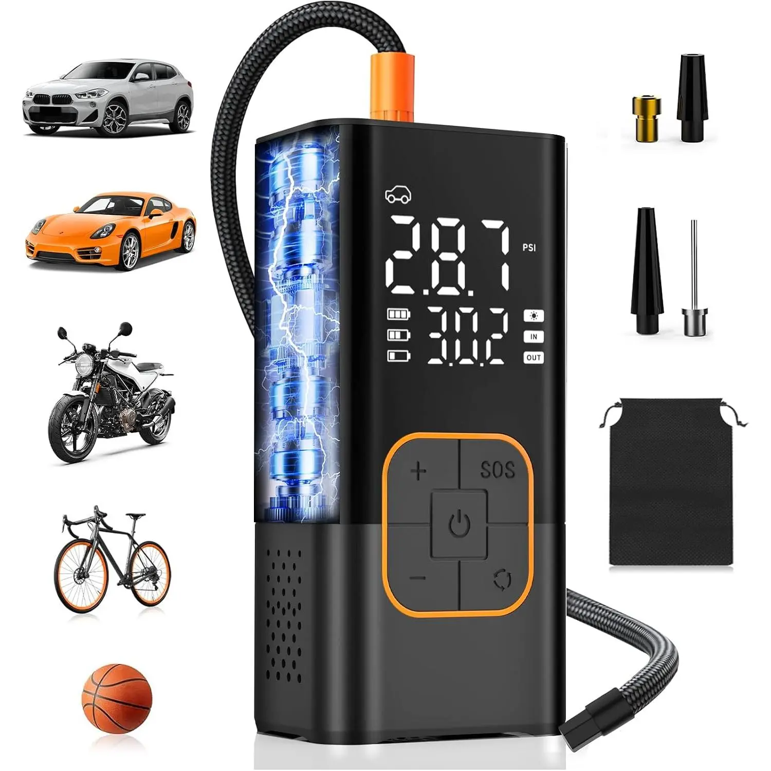 Tire Inflator Portable Air Compressor, Cordless Car Tyre Pump with Digital Dual Values Display, 150 PSI Bike Tires Air Pump with LED Lights&Pressure Gauge for Auto/Bicycle/Motocycle/Balls