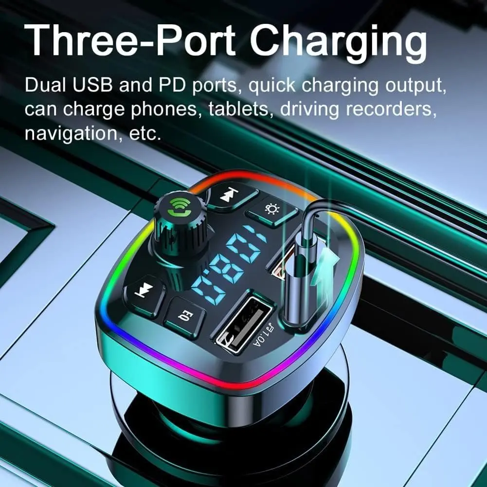 Q7 Bluetooth Car Charger Dual USB PD Charging MP3 with FM Transmitter Car Charger Music,