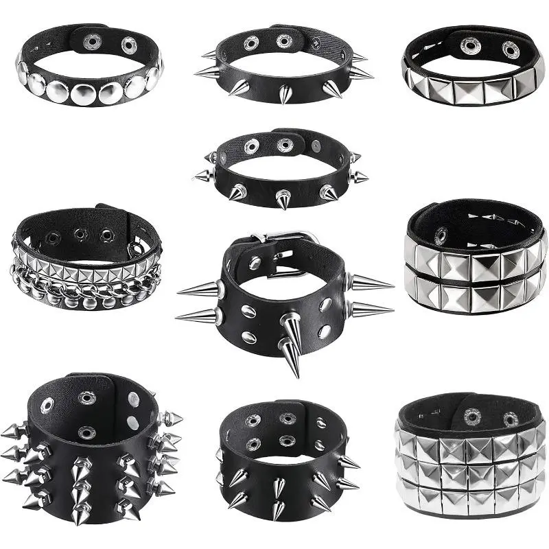 10 Pieces Studded Bracelet, Emo Spiked Bracelets Y2k Black Pu Leather Rivet Punk Bracelet Rock Cuff Goth Bracelets Punk Accessories Halloween for Men Women