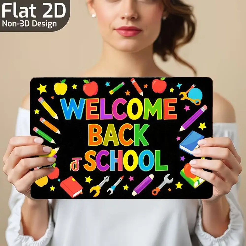 8x12 in Flat 2D Antique Vibrant Welcome Back To School Typography Metal Wall Plaque with Metal Frame, Fruit & Stationery Tool Surround Design, for School Classroom Door & Teacher Lounge Decor, Flat 2D Design