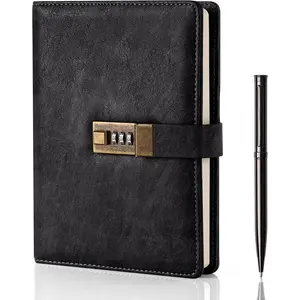 Diary with Lock, A5 PU Leather Journal with Lock 240 Pages, Vintage Password Journal Notebook with Pen, Lock Diary Planner Organizer for Men and Women, 8.6x5.8in Black