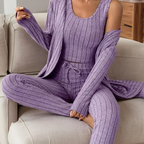 Women's Solid Ribbed Knit Tank Top & Pants & Open Front Long Sleeve Outwear, Casual Comfy Pyjama Set, Women's Sleepwear & for Spring & Fall