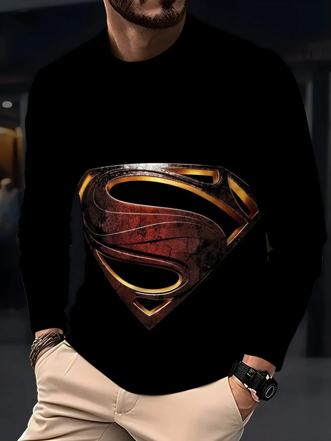 Warner Bros Men's Retro Metal Superman Logo Long Sleeve T-Shirt, Vintage Superhero Round Neck Casual Top, All Seasons Fitted Tee
