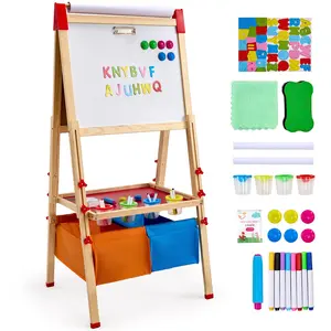 【DealsForYouDays】VEVOR Art Easel for Kids, 3-in-1 Wooden Double-Sided Kid's Art Easel with Magnetic Whiteboard, Chalkboard, Paper Roll, Adjustable Standing Drawing Board with Painting Accessories, Storage for Boy Girl