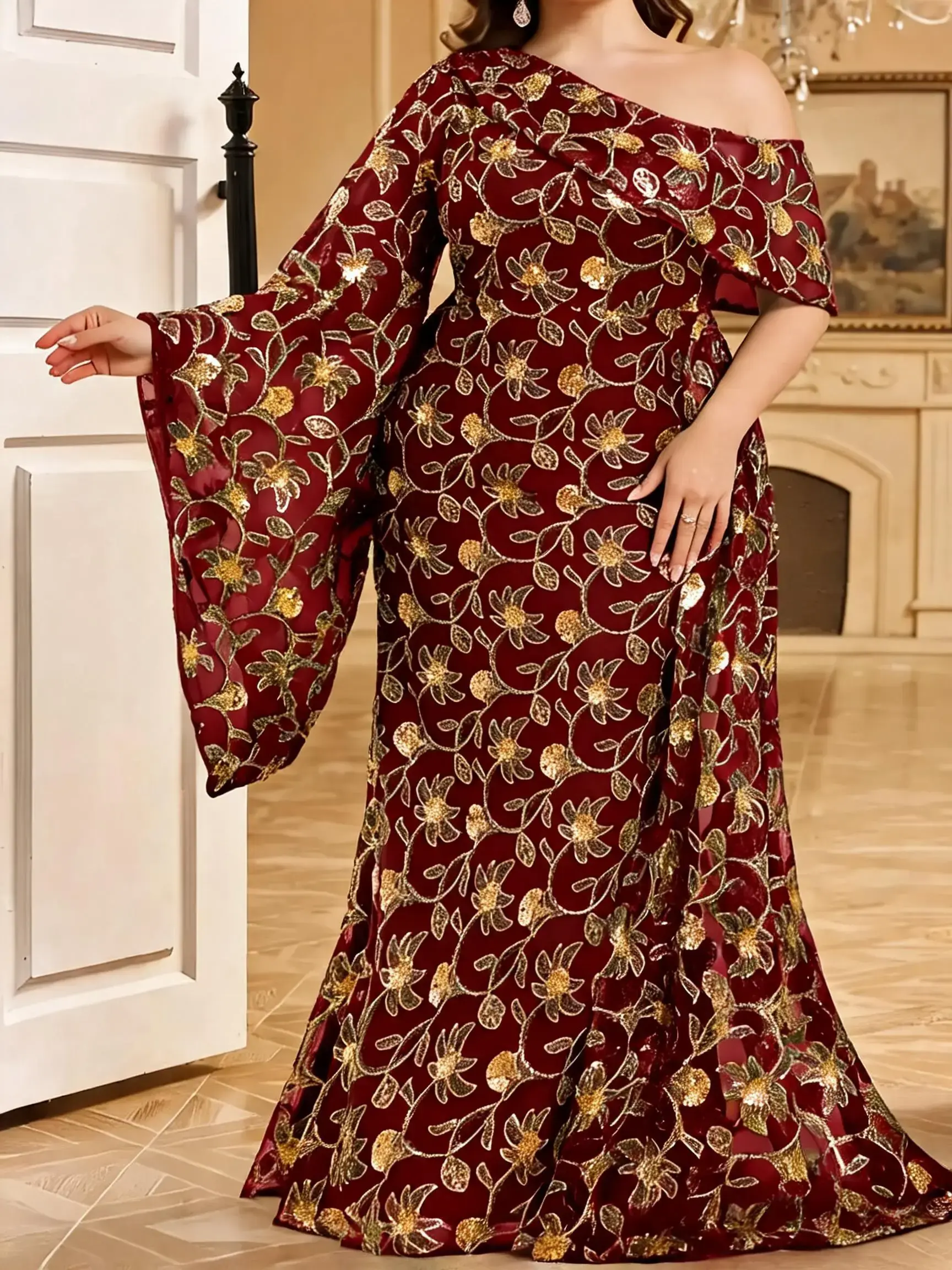 Elegant Chic Formal Evening Dress with Beaded Floral Embroidery, Asymmetrical Neckline, Flounce Sleeves, Ruffle Design, Perfect for Special Occasions Womenswear Garment