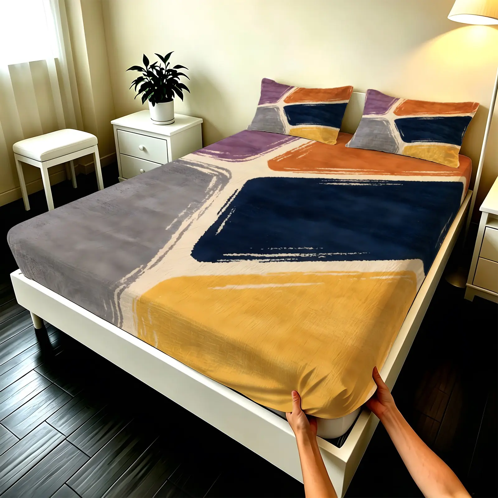 3PCS Modern Abstract Oil Painting Fitted Sheet Set, Elastic All Around, Non-slip & Wrinkle-resistant, Machine Washable, Ideal for Bedroom Hotel Homestay, Nice Gift
