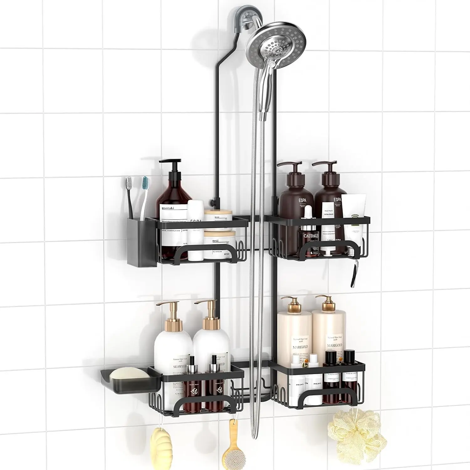Shower Caddy Hanging for Handheld Showerheads Adjustable Split Shower Caddy, Rustproof Shower Organizer with Hooks for Razors Over the Head Caddy with Soap Holder Bathroom Accessories, Black