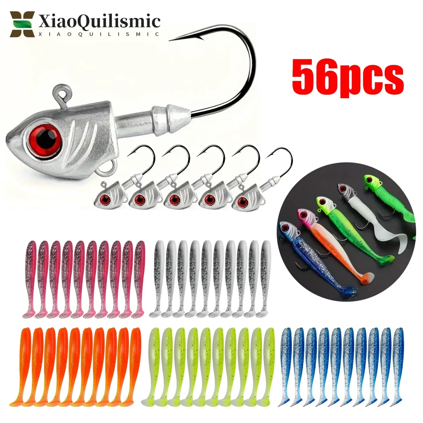 56pcs Fishing Hook Set with 10 Fish Heads and 50 Soft Lures, Suitable for Freshwater and Saltwater Fishing, Perfect for Catching Bass and Pike