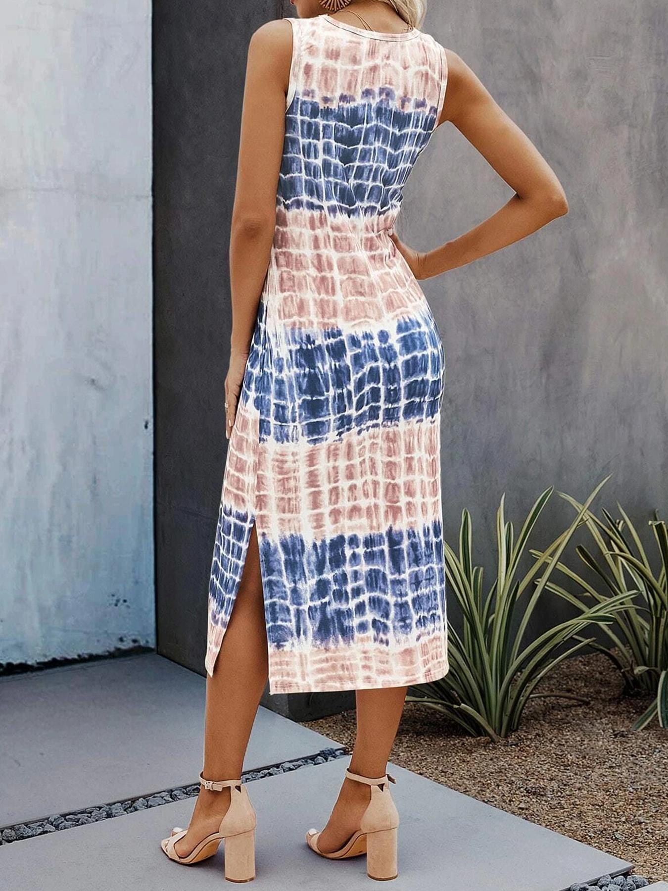 Women's All Over Print Round Neck Tank Dress, Casual Sleeveless Dress for Summer, Ladies Clothes for Daily Wear