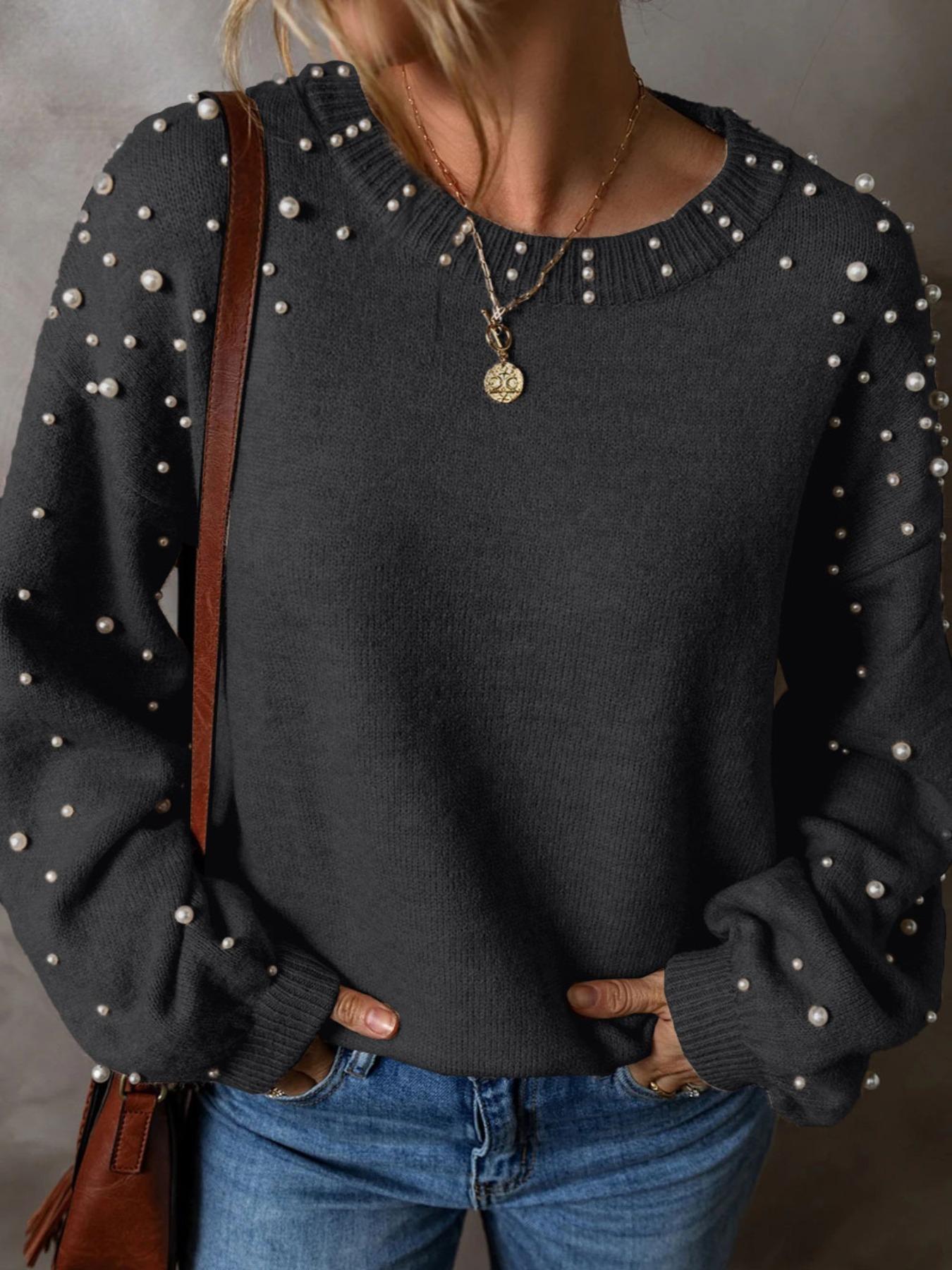 Women's Faux Pearl Decor Drop Shoulder Sweater, Casual Basic Aesthetic Chic Long Sleeve Round Neck Jumper for Fall & Winter, Fashion Ladies' Knitwear for Daily Wear, Fall Womenswear