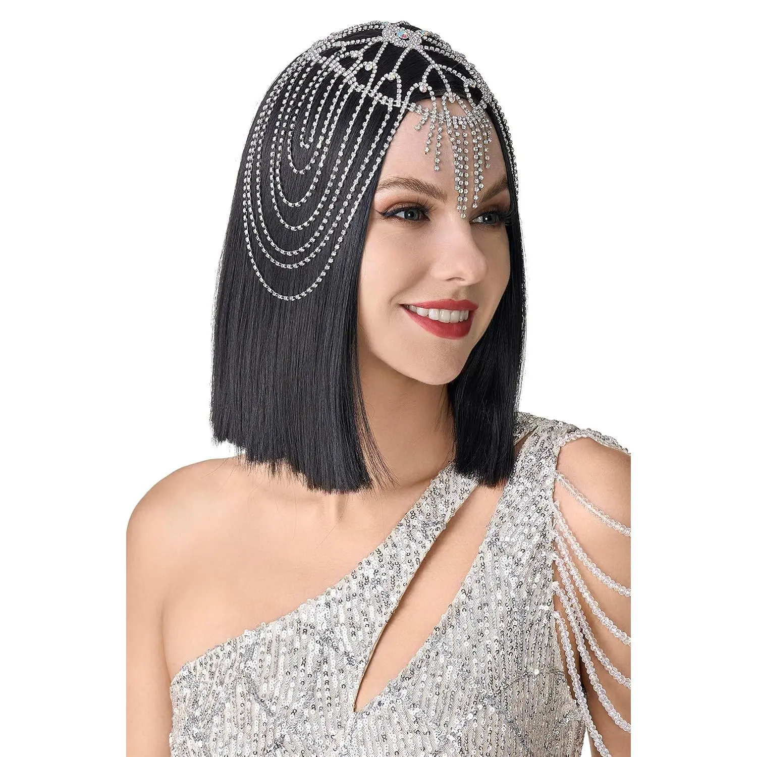 Vintage Style Roaring 20s Crystal Rhinestone Flapper Cap Headpiece Head Jewelry Chains