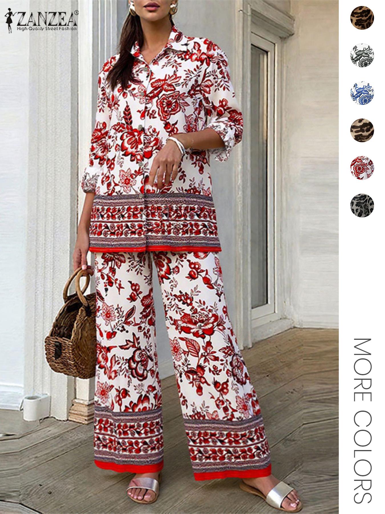 Two-piece Set Women's Leopard Print Button Front Shirt & Elastic Waist Wide Leg Pants, Casual Long Sleeve Pocket Collared Top & Tie Front Trousers for Daily Wear, Ladies Fall & Winter Clothes, Flared Pants Set