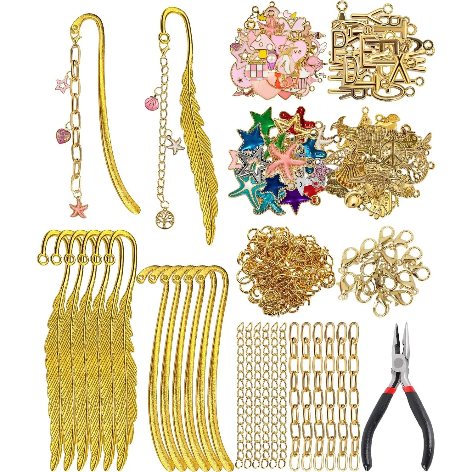 294 count DIY Metal Bookmarks Making Kit, Metal Bar Bookmark Kit | 12  Bookmark with Themed Charms, Chains, Letter Charms, Pliers and Tools