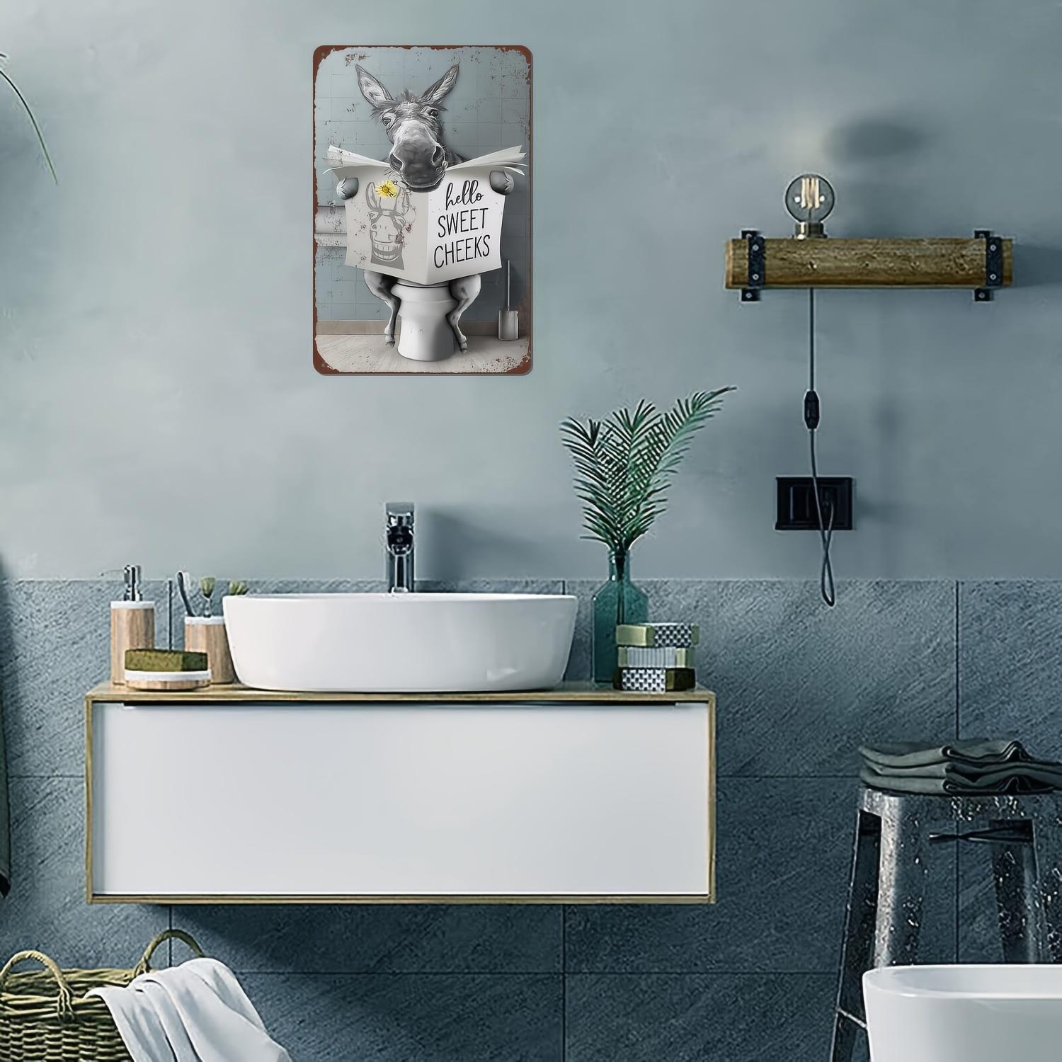 1pc farmhouse bathroom decorative wall art funny donkey sitting in toilet reading newspaper vintage logo vintage logo metal plaque logo 8x12 inch wall art decorative bathroom Ornaments Decoration Print Artistic