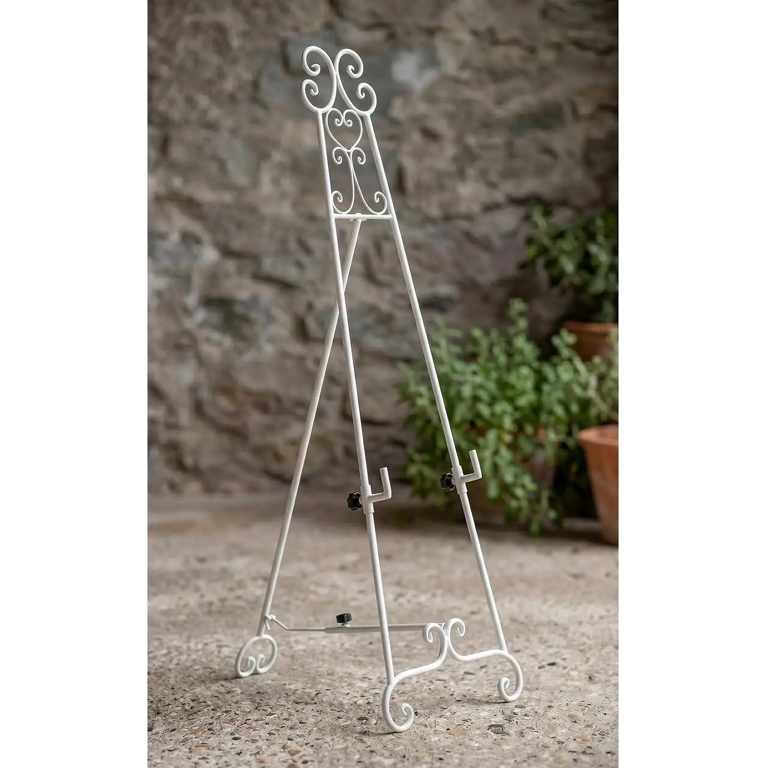 Adjustable Vintage Metal Easel Stand for Home and Wedding – Floor Tripod Display Holder with Decorative Scrollwork – Perfect for Posters, Signs, Photo Frames, Art – 17.32L x 24.4W x 56.81H