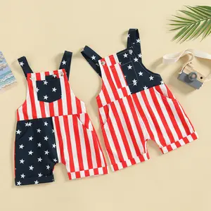 Kids Toddler Baby 4th of July Outfit Overalls Romper Girl Boy American Flag Overall Shorts Suspender Shorts Jumpsuit
