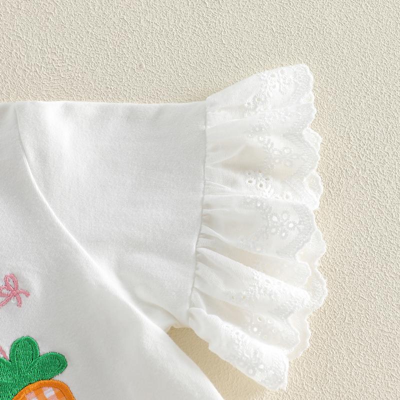 Toddler Baby Girls Easter Outfit Cute Carrot Embroidery Short Sleeve Tops with Plaid Pants 2Pcs Clothing Set