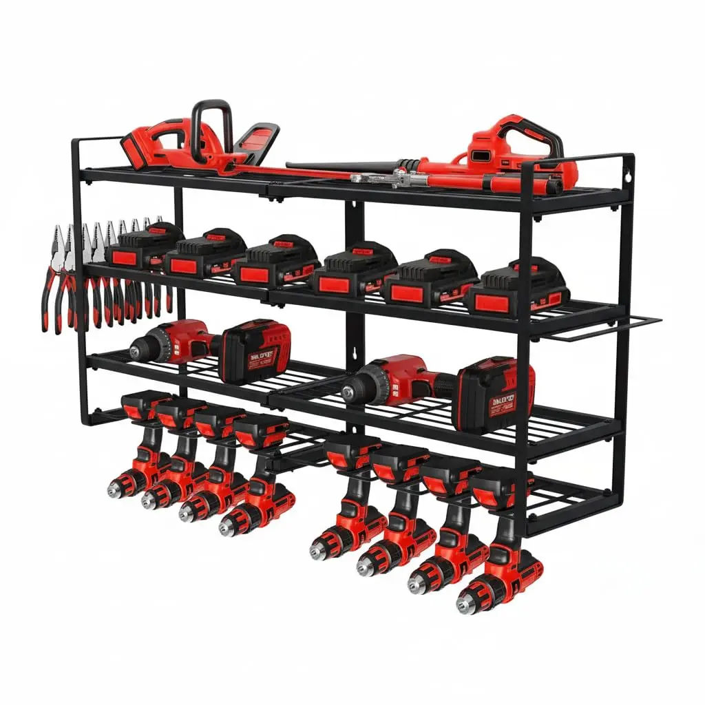 Garvee Wall Mount Tool Organizer with 4-Tier Heavy Duty Metal Storage Shelves and 8 Drill Holders, Ideal Garage Storage Rack for Power Tools, Workshop, and Garage Shelving in Black