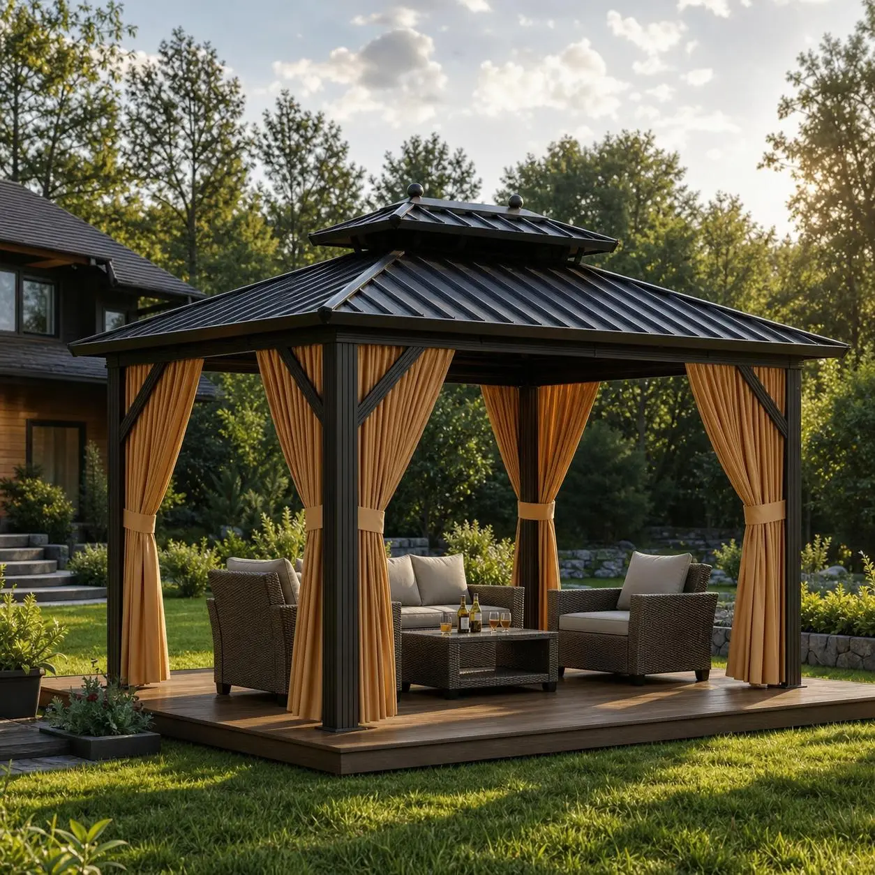 10x10 ft Square Hardtop Gazebo Shelter, Permanent Aluminum Frame with Double Metal Hardtop Roof, Curtains and Netting for Backyard, Lawn, 10X10 Feet, Square Shape