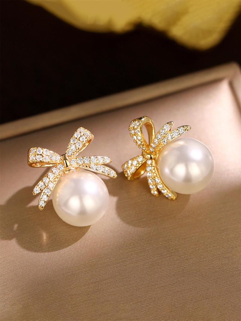 Summer Faux Pearl & Rhinestone Decor Bow Design Dangle High Quality Earrings, Elegant Jewelry for Women for Party, Daily Clothing Decor, Trendy Jewelry As Gift