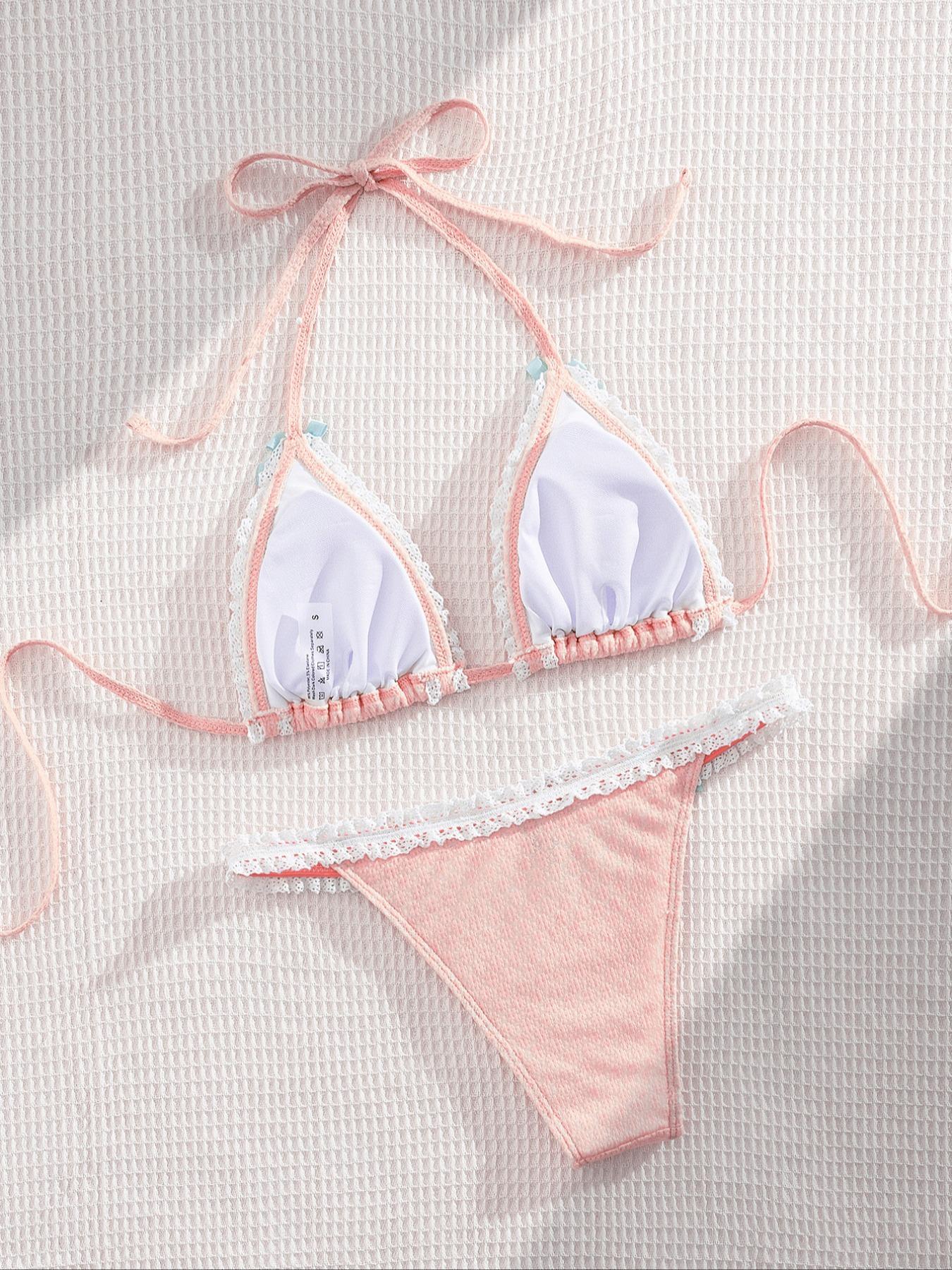 Two-Piece Set Women's Contrast Lace Bow Decor Bikini Set, Casual Tie Back Swim Bra & Swim Bottoms, Ladies Swimsuit for Beach Vacations, Summer Halter Bathing Suit