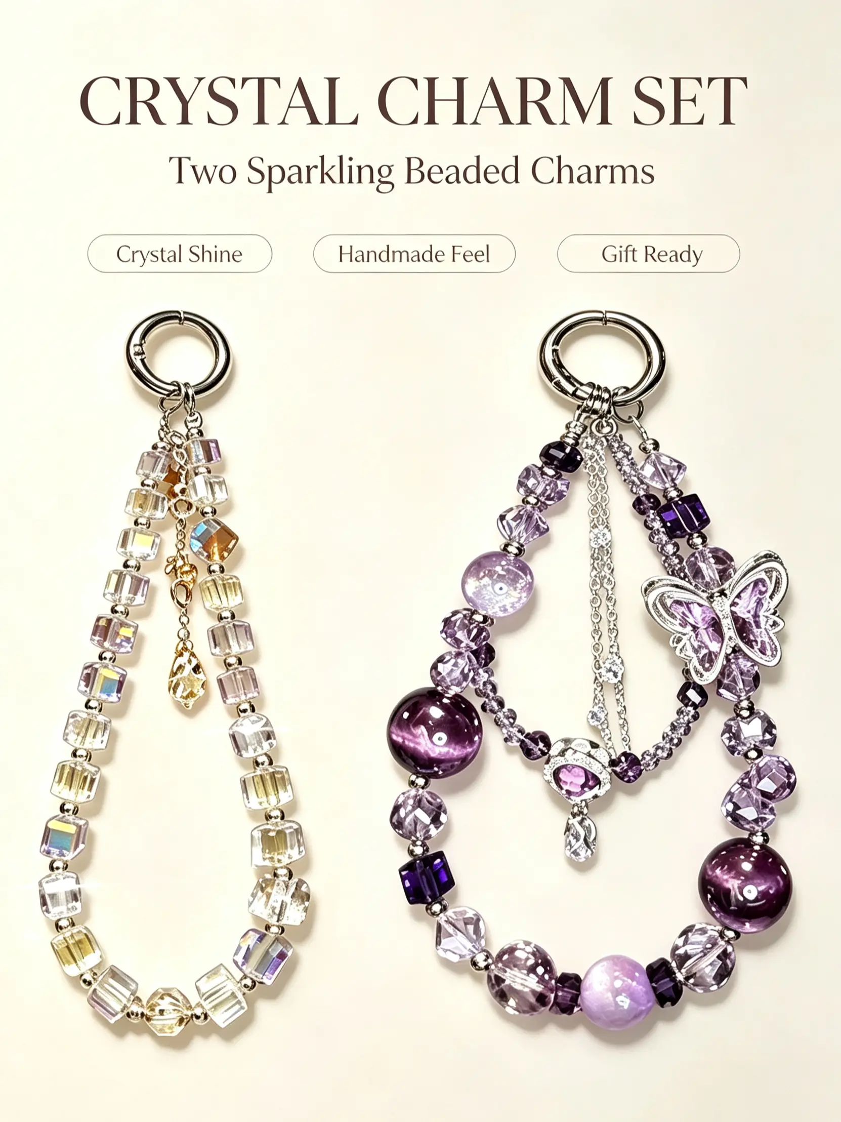 2 Piece Crystal Bag Charm Set, Butterfly Beaded Keychain & Aurora Transparent Crystal Phone Strap, Fashion Accessory Gift for Women Girls, Bling Bling Keychains