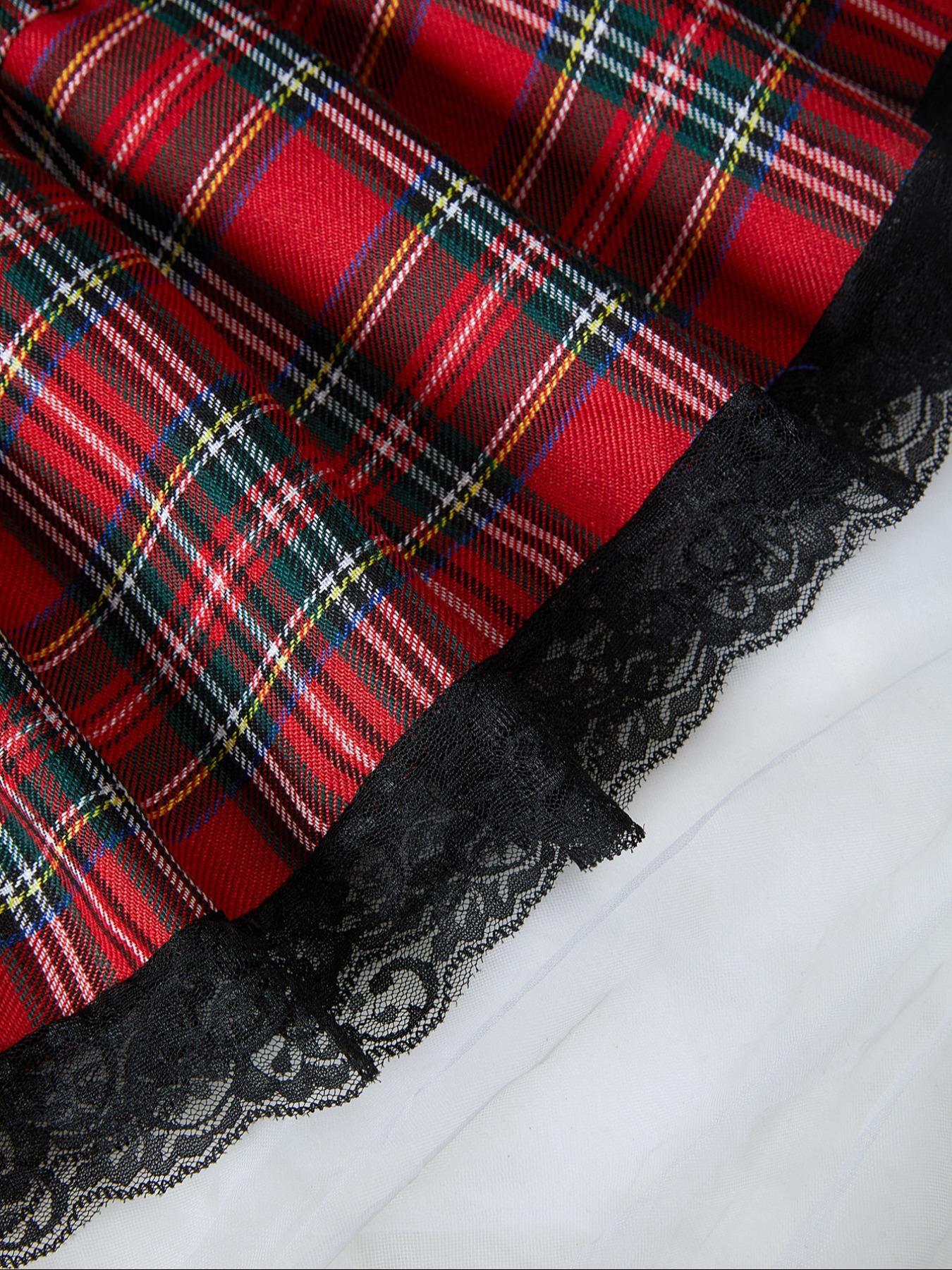 Women's Plaid Print Sheer Lace Sexy School Girl Lingerie Set, Breathable Elegance Romantic Sexy Tie Decor Halter Crop Top & Thong & Contrast Lace Skirt Set, Sexy Underwear Sets for Women, Lingerie for Women, Womenswear